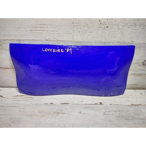 SIGNED Lorraine Art Fused Glass Shimmer Abstract Mosaic Cobalt Wave Trinket Dish - Picture 6 of 14